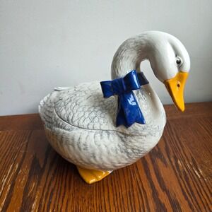 Vintage 1984 Sittre Ceramic Products Goose Cookie Jar Dark Blue Bow Farmhouse